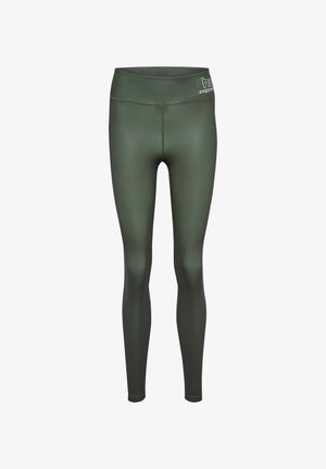 Leggings verdi a vita alta realizzati in un tessuto liscio e elasticizzato con un design aderente. Presentano un logo in vita e cuciture piatte.