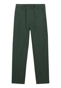 Green cotton blend trousers with a straight leg, elastic waistband, drawstring, front pockets, and a button closure. Smooth texture.