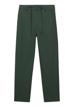 Grüne Baumwollmischungshose mit geradem Bein, elastischem Taillenbund, Kordelzug, Fronttaschen und Knopfverschluss. Glatte Textur.
