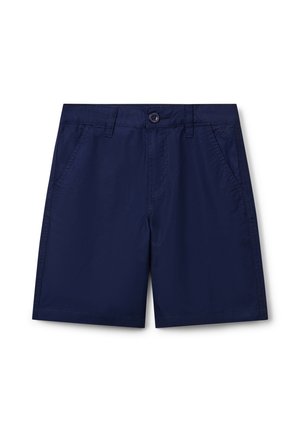 Donkerblauwe shorts van lichtgewicht stof, met een knoopsluiting, twee zijzakken en een strakke, patroonloze uitstraling.