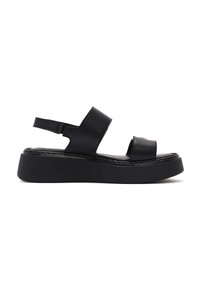 Black leather sandals with two wide straps, adjustable back strap, and a thick black platform sole. Smooth texture with minimal stitching.