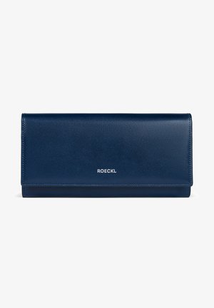 Nautisch blaues Lederportemonnaie mit glatter Textur, Falt-Design und geprägtem "ROECKL"-Logo, das präzise Nähte entlang der Kanten aufweist.