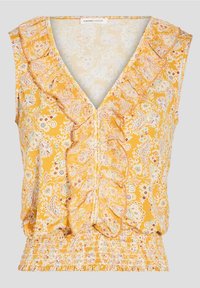 Blouse jaune sans manches avec un décolleté en V profond, détails à volants à l'avant, motifs floraux, et taille élastique froncée.