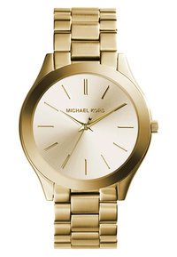 Arany színű rozsdamentes acél óra kerek tokjával, minimalista számlappal, arany jelzőkkel és láncos karkötővel. A "Michael Kors" márkaneve látható.