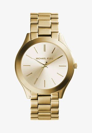 Relógio em aço inoxidável dourado com um mostrador redondo, mostrador minimalista com índices dourados e bracelete ligado. Nome da marca "Michael Kors" exibido.