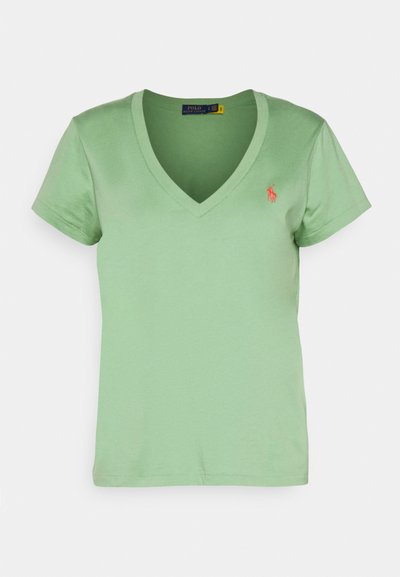 Light green V-neck T-shirt made of smooth cotton, featuring short sleeves and a small red logo on the left chest.