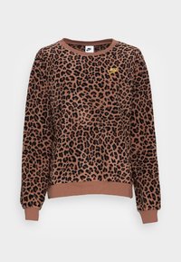 Sudadera con estampado de leopardo en tonos marrón y negro. Cuenta con puños y cuello acanalados, y un logo de Nike dorado en el pecho izquierdo. Textura suave.