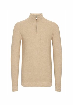 Beige, langärmeliger Pullover mit Reißverschluss und hohem Kragen, gestrickte Textur und geripptem Saum. Schlichtes Design, geeignet zum Übereinanderziehen.