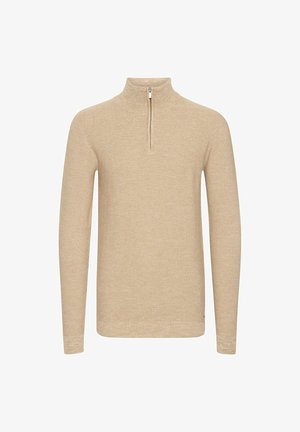 Beige, hosszú ujjú pulóver, zippes magas gallérral, kötött textúrával és bordázott aljjal. Egyszerű dizájn, rétegezéshez alkalmas.