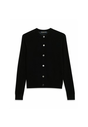 Cardigan nero in maglia a coste con maniche lunghe e sei bottoni argento sul davanti, scollo tondo e polsini aderenti.