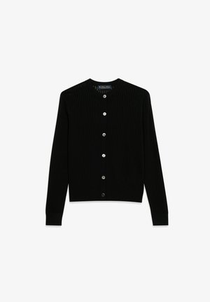 Schwarze, gerippte Strickjacke mit langen Ärmeln und sechs silbernen Knöpfen vorne, Rundhalsausschnitt und enganliegenden Bündchen.