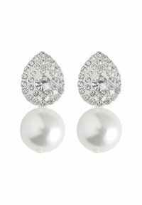 Hõbeda tooni kõrvarõngad, millel on pisara kuju ja pavee kristallidega kaunistused ning suur valge pärl allosas.