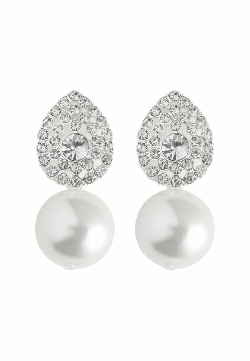 Hõbeda tooni kõrvarõngad, millel on pisara kuju ja pavee kristallidega kaunistused ning suur valge pärl allosas.