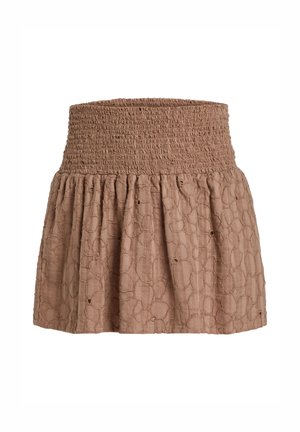 Bruine, textuur mini rok met een smock tailleband; heeft cirkelvormige patronen en een gathered zoom. Lichtgewicht stof.