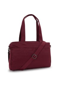 Sac fourre-tout bordeaux avec un tissu texturé, deux poignées et une bandoulière réglable. Dispose d'une fermeture éclair et d'une forme rectangulaire structurée.