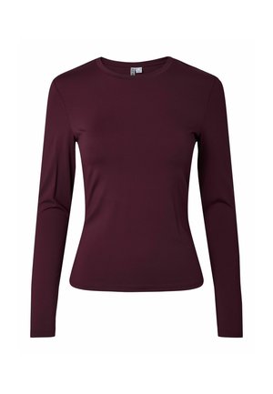 Haut à manches longues en bordeaux, confectionné dans un tissu doux et extensible. Il présente un col rond et une coupe ajustée pour un look contemporain.