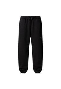 Pantalones deportivos negros hechos de tela suave, con una cintura elástica con cordón y puños elásticos, logo en la parte inferior de la pierna.
