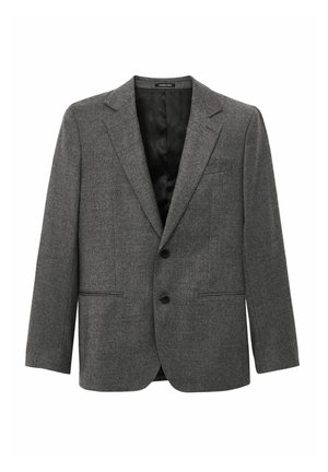 Blazer gri din lână cu două buzunare frontale, închidere cu un singur nasture, rever cu zime și căptușeală neagră netedă.