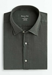 Dark gray, 100% linen shirt with a button-down collar, two front buttons, and a soft texture. Label indicates size XL, dyed and washed.