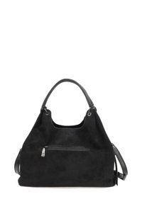 Borsa a tracolla in suede nero con una texture morbida, dotata di un manico superiore e di una tasca esterna con zip. I dettagli includono accenti in pelle liscia.