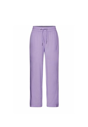 Pantalones de chándal morados con una cintura elástica y cordón ajustable. Diseño de pierna recta, tejido suave, sin patrones visibles ni herrajes.