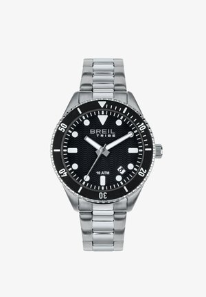 Edelstahl-Uhr mit einem schwarzen strukturierten Zifferblatt, weißen Stundenmarkierungen und silbernen Zeigern. Verfügt über eine drehbare Lünette und ein metallisches Armband.