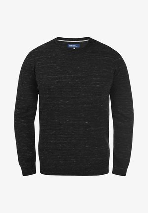 Fekete kereknyakú pulóver texturált mintával, hosszú ujjakkal és bordázott mandzsettával. Kényelmes, puha, kevert anyagból készült.