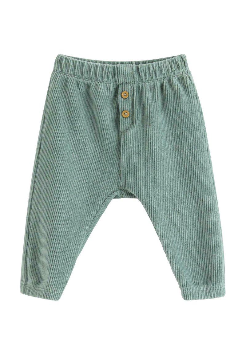 Grønne corduroypants med elastisk talje, der har to træknapdetaljer og en struktureret, ribbet stofdesign.