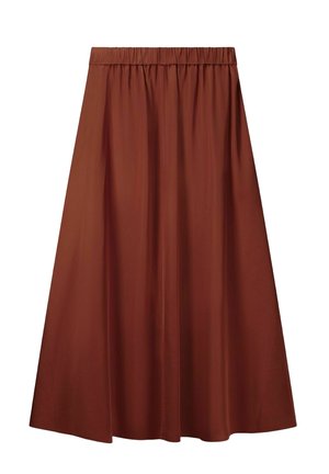 Jupe midi A-line marron avec taille élastique et texture de tissu lisse, présentée à plat sur un fond blanc.