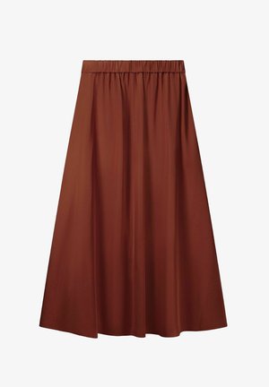 Bruine A-lijn midirok met elastische tailleband en gladde stoftextuur, plat weergegeven op een witte achtergrond.