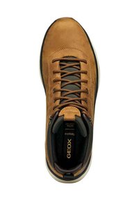 Baskets respirantes Geox en cuir marron avec intérieur noir et lacets, vues de dessus sur fond blanc.