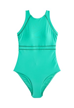Turkusowy jednoczęściowy strój kąpielowy z wysokim dekoltem i ozdobnymi poziomymi wycięciami na klatce piersiowej i talii.
