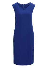 Ärmeloses blaues Kleid aus glattem Stoff; hat einen V-Ausschnitt und eine taillierte Silhouette, die knapp über den Knien endet.