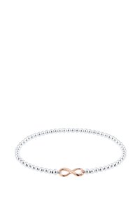 Silverfärgad pärlarmband med ett roséguld oändlighetssymbolaccent i mitten, som framhäver en slät yta och glänsande finish.