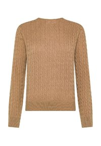 Maglione a maniche lunghe in maglia cable color nocciola chiaro, con polsini e bordo a coste, mostrato disteso su sfondo bianco.