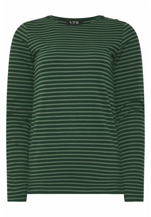 Koszula z długim rękawem w ciemnozielonym kolorze z naprzemiennymi cienkimi i grubymi poziomymi paskami w jaśniejszym odcieniu. Posiada okrągły dekolt i dekoracyjne guziki.