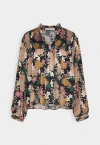 Blouse à manches longues en tissu léger, avec un fond foncé et des motifs floraux en rose, blanc, vert et jaune. Encolure froncée.