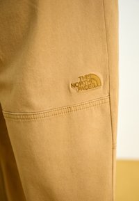 Béžové bavlnené nohavice s prešitým lemom, bočnou vreckou a vyšitým logom The North Face v zhodnej farbe pri kolene.