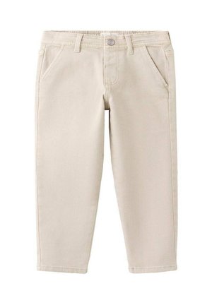 Pantaloni bej cu croială dreaptă, buzunare frontale, bucle pentru curea și închidere cu nasture, afișați pe un fundal alb.