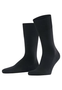 Schwarze Baumwollsocken mit geripptem Bündchen, glatter Textur und mittlerer Länge. Klassisches Design, geeignet für verschiedene Anlässe.