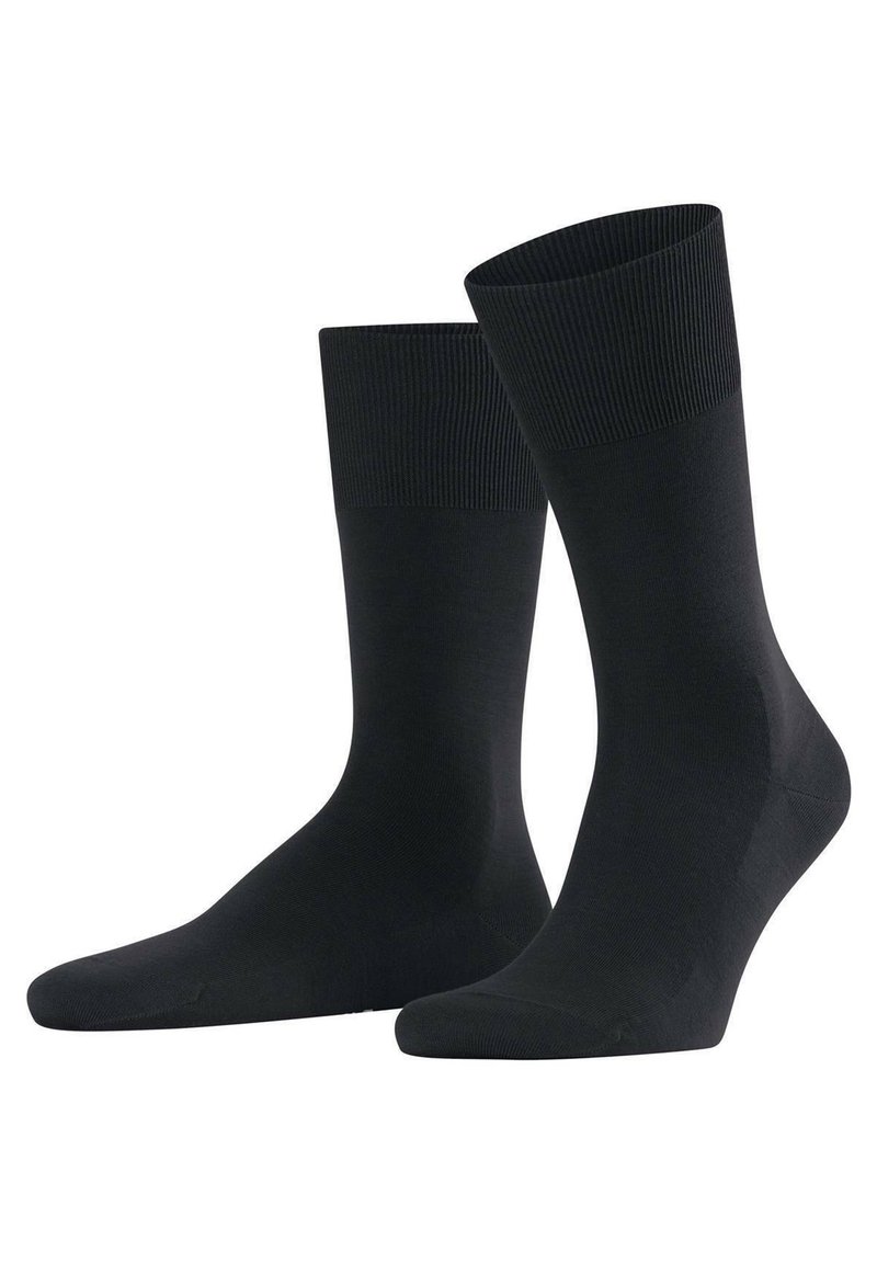 Schwarze Baumwollsocken mit geripptem Bündchen, glatter Textur und mittlerer Länge. Klassisches Design, geeignet für verschiedene Anlässe.
