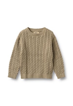 Beżowy sweter dziergany w warkoczowy wzór, z długimi rękawami i okrągłym dekoltem, położony płasko na białym tle.