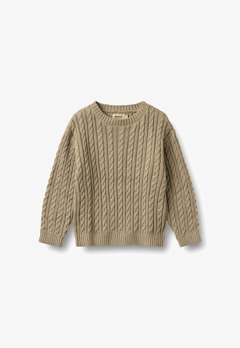 Pull beige en tricot avec motif torsadé, manches longues et col rond, posé à plat sur un fond blanc.