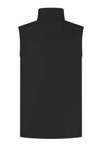 Czarny bezrękawnik z wysokim kołnierzem. Gładki, lekko elastyczny materiał. Prosty, minimalistyczny design bez dodatkowych wzorów czy akcentów.