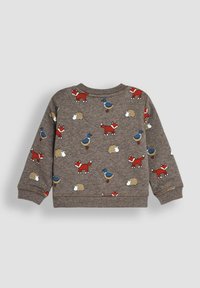 Grau Sweatshirt mit Rundhalsausschnitt, das einen wiederholten Druck von roten Füchsen, Igeln und Enten in verschiedenen Farben auf einem strukturierten Hintergrund zeigt.