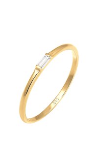 Goldring mit schmalem Band und einem rechteckigen klaren Stein in einer Krappenfassung. Glatte Oberfläche, minimalistisches Design.