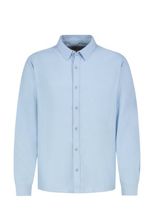Hellblaues, langärmliges Hemd mit Kragen, vorderer Knopfleiste und geknöpften Manschetten, vor weißem Hintergrund präsentiert.