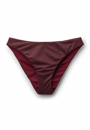 Bikinihöschen mit niedrigem Bund in dunklem Burgunderrot mit einem dezenten Schimmer, klassischem Schnitt und glatter Stoffstruktur.