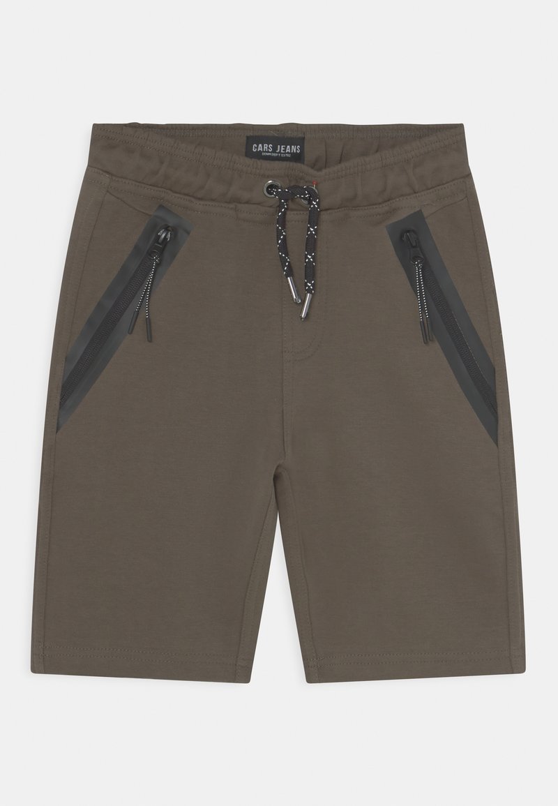 Bruine shorts met een koord in de taille, twee ritszakken aan de zijkanten met zwarte accenten en een gladde stoftextuur.