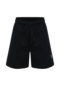 Svarta bomullsshorts med elastisk midja, dragsko och en liten logotyp på det nedre högra benet. Enkel design, inga fickor.
